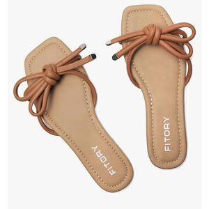 Fitory Womens Square Open Toe Knotted Strap Thong‎ Flat Sandals Brown Size 8